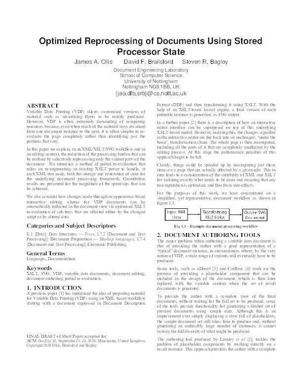 Optimized reprocessing of documents using stored processor state Thumbnail