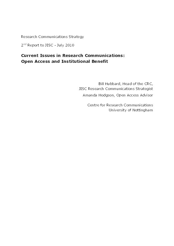 Current issues in research communications: open access and institutional benefit - 2nd report to JISC, July 2010 Thumbnail