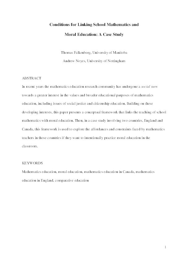 Conditions for linking school mathematics and moral education: a case study Thumbnail
