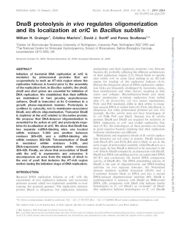 DnaB proteolysis in vivo regulates oligomerization and its localization at oriC in Bacillus subtilis Thumbnail