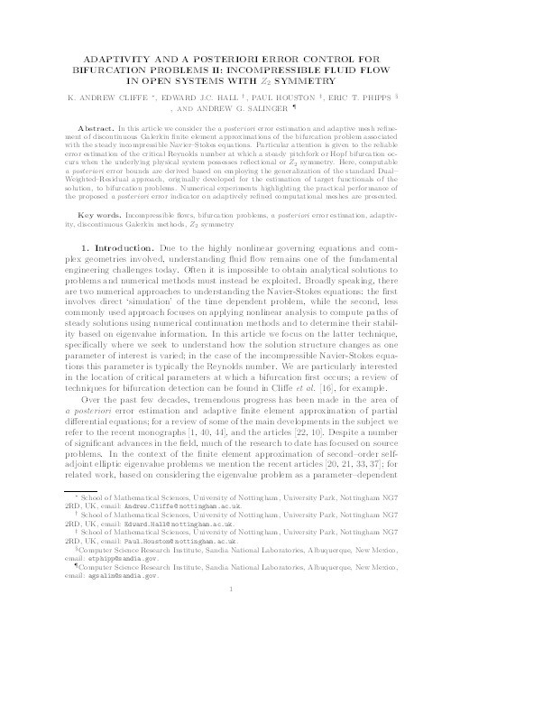 Adaptivity and a posteriori error control for bifurcation problems II: Incompressible fluid flow in open systems with Z_2 symmetry Thumbnail