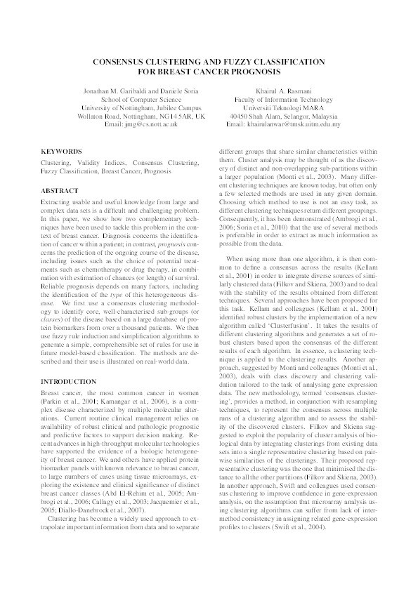 Consensus clustering and fuzzy classification for breast cancer prognosis Thumbnail