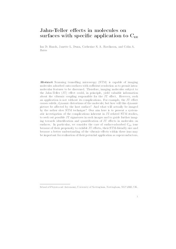 Jahn-Teller effects in molecules on surfaces with specific application to C_60 Thumbnail