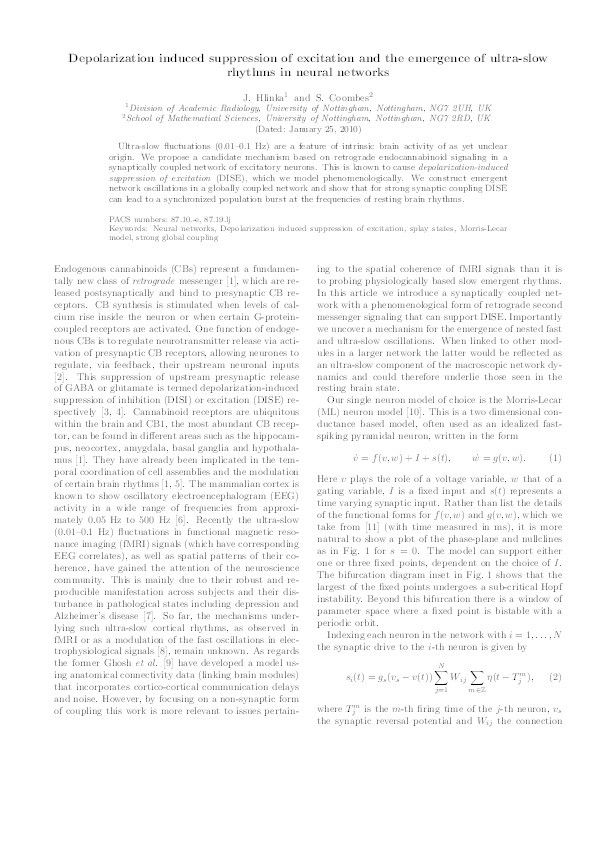 Depolarization induced suppression of excitation and the emergence of ultraslow rhythms in neural networks Thumbnail