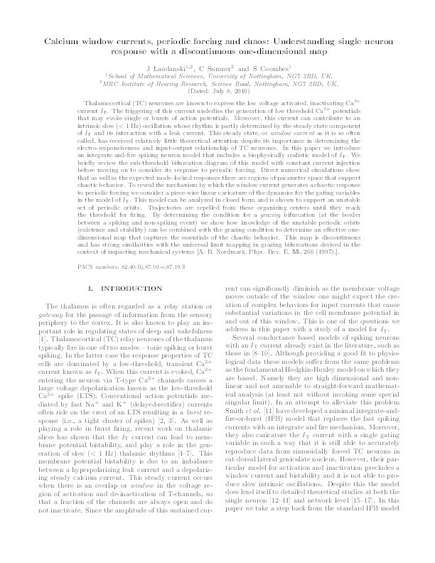 Calcium window currents, periodic forcing and chaos: understanding single neuron response with a discontinuous one-dimensional map Thumbnail