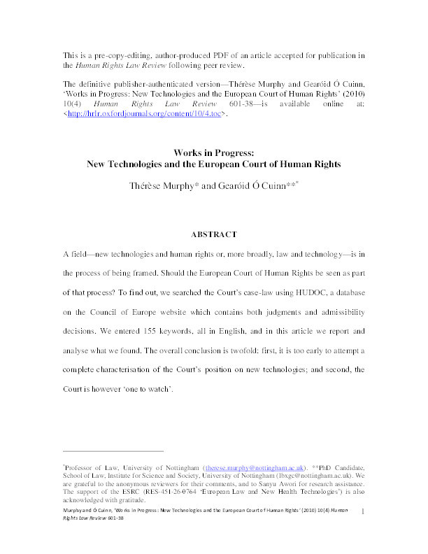 Works in progress: new technologies and the European Court of Human Rights Thumbnail