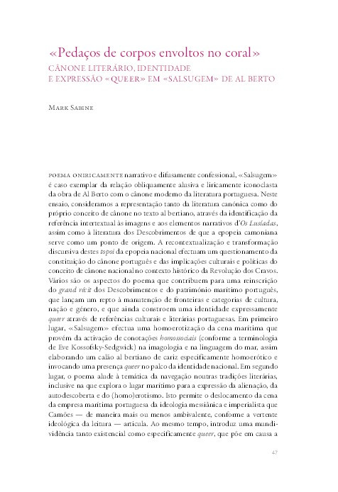 "Pedaços de corpos envoltos no coral": cânone literário, identidade e expressão "queer" em "Salsugem" de Al Berto Thumbnail