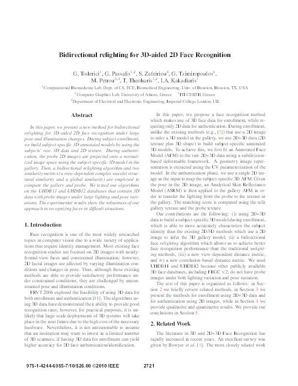 Bidirectional relighting for 3D-aided 2D face recognition Thumbnail