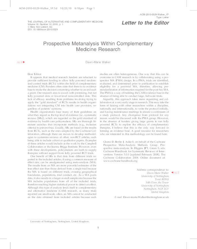 Prospective metanalysis within complementary medicine research Thumbnail