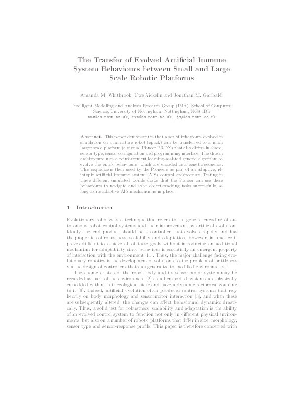 The transfer of evolved artificial immune system behaviours between small and large scale robotic platforms Thumbnail