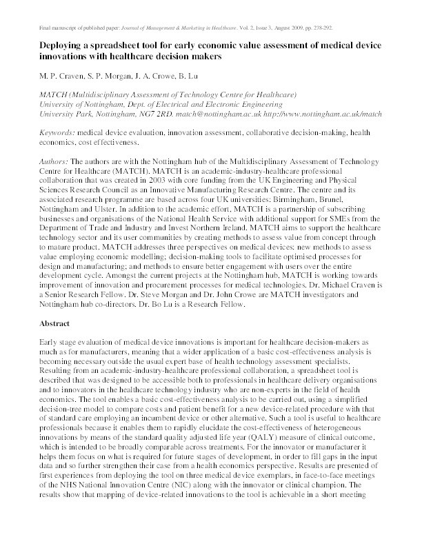 Deploying a spreadsheet tool for early economic value assessment of medical device innovations with healthcare decision makers Thumbnail