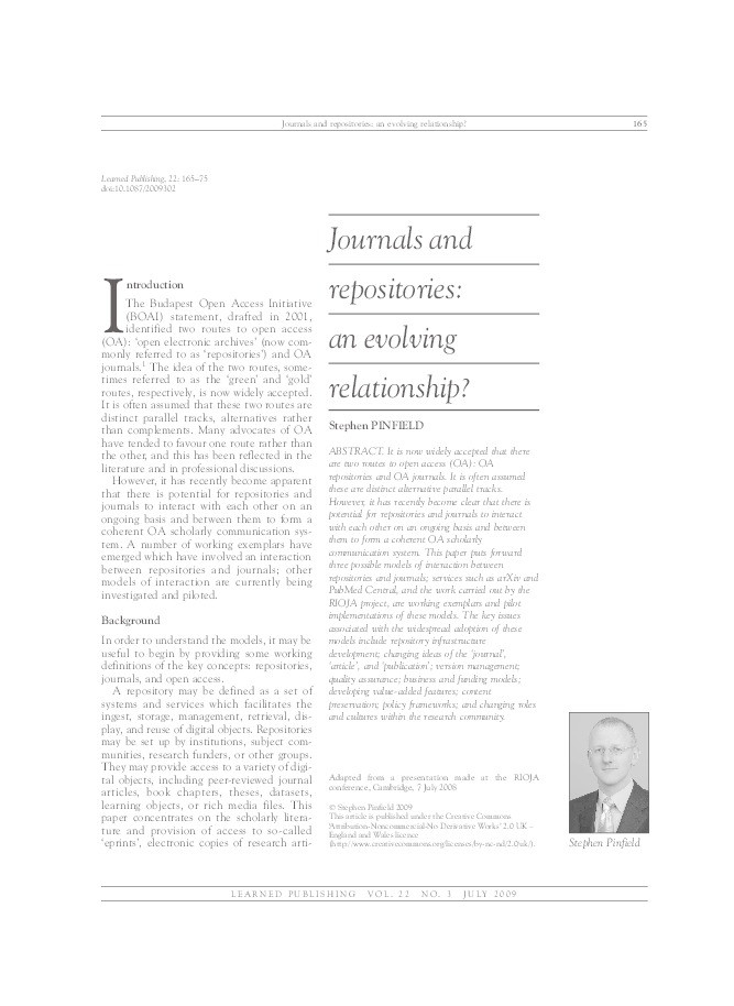 Journals and repositories: an evolving relationship? Thumbnail
