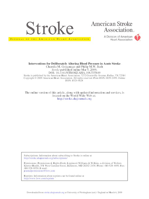 Interventions for deliberately altering blood pressure in acute stroke Thumbnail