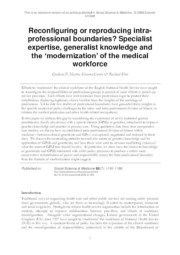 Reconfiguring or reproducing intra-professional boundaries? Specialist expertise, generalist knowledge and the ‘modernization’ of the medical workforce Thumbnail