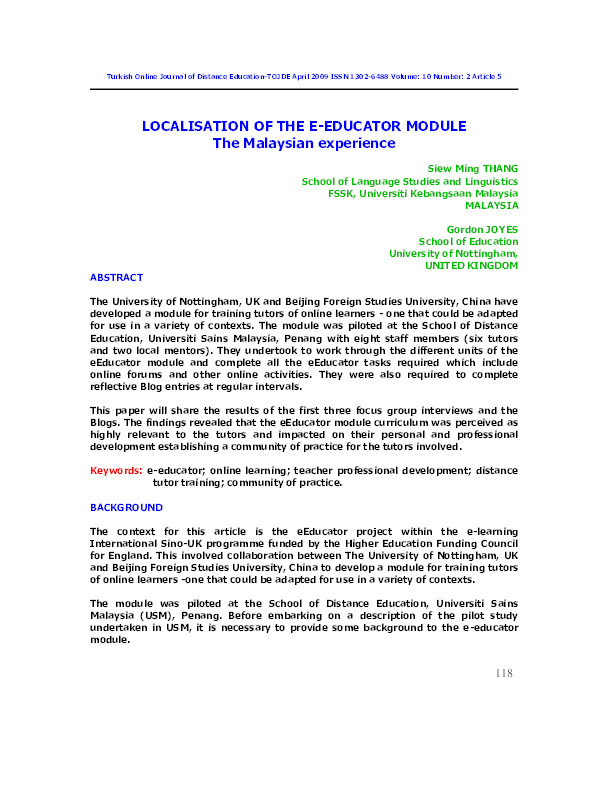 Localisation of the e-Educator module: the Malaysian experience Thumbnail