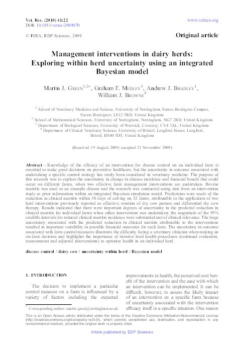 Management interventions in dairy herds: exploring within herd uncertainty using an integrated Bayesian model Thumbnail