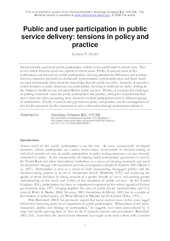 Public and user participation in public service delivery: tensions in policy and practice Thumbnail
