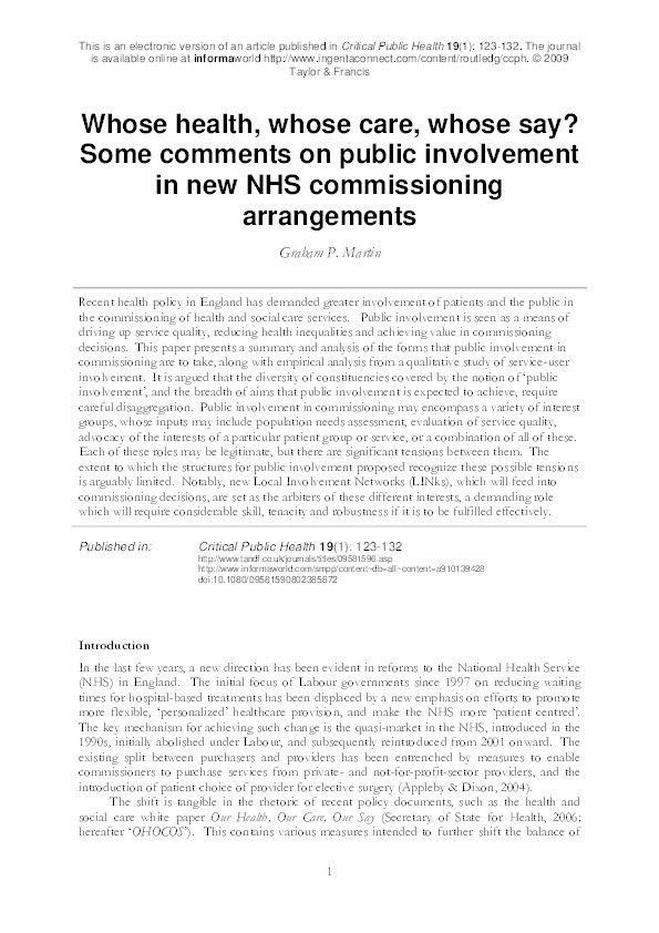Whose health, whose care, whose say? Some comments on public involvement in new NHS commissioning arrangements Thumbnail