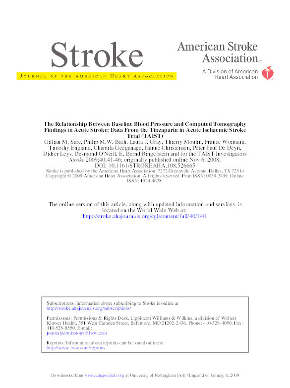 The relationship between baseline blood pressure and computed tomography findings in acute stroke: data from the Tinzaparin in Acute Ischaemic Stroke Trial (TAIST) Thumbnail