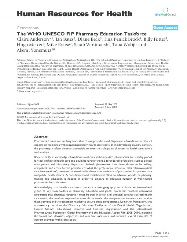 The WHO UNESCO FIP Pharmacy Education Taskforce Thumbnail