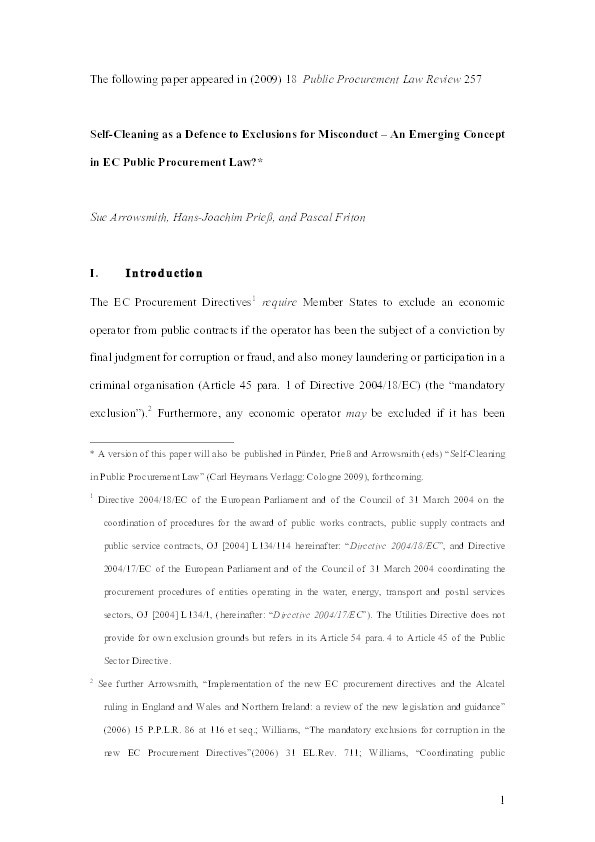 Self-cleaning as a defence to exclusions for misconduct: an emerging concept in EC public procurement law? Thumbnail