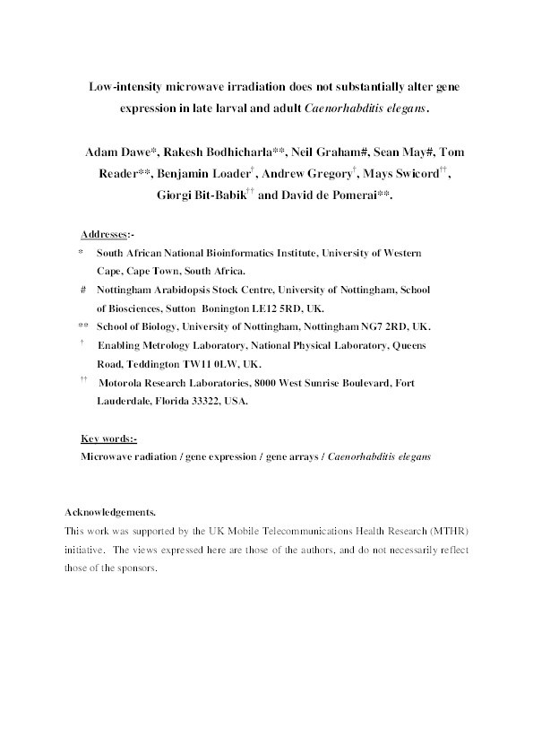 Low-intensity microwave irradiation does not substantially alter gene expression in late larval and adult Caenorhabditis elegans. Thumbnail