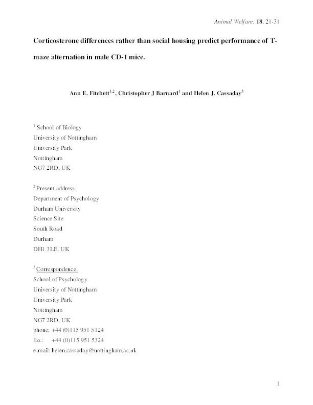 Corticosterone differences rather than social housing predict performance of T-maze alternation in male CD-1 mice Thumbnail