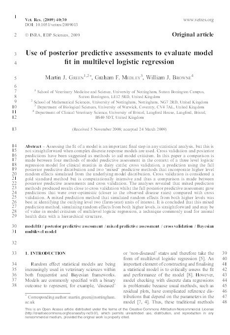 Use of posterior predictive assessments to evaluate model fit in multilevel logistic regression Thumbnail