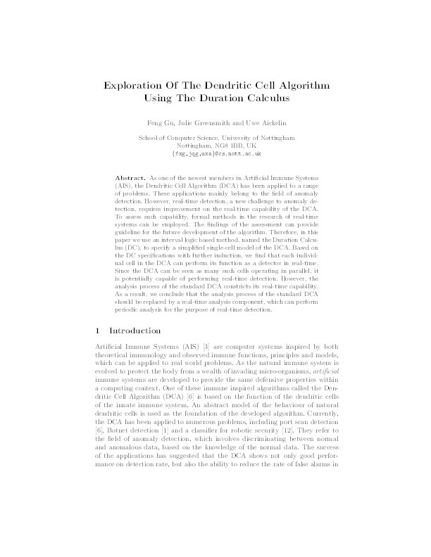 Exploration of the dendritic cell algorithm with the duration calculus Thumbnail