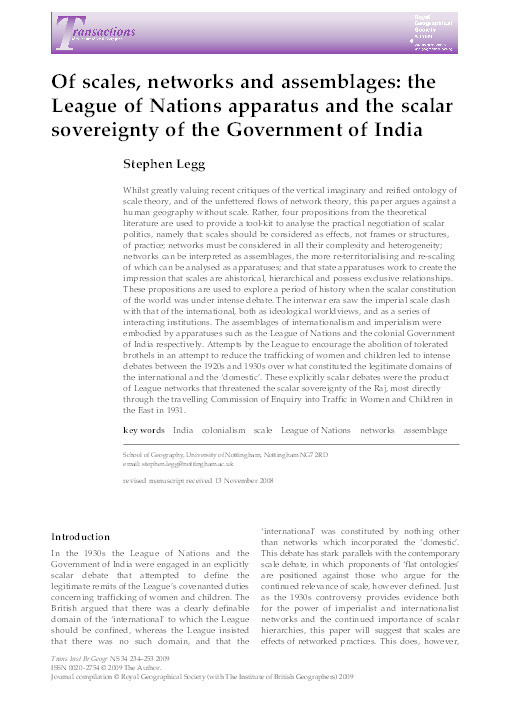 Of scales, networks and assemblages: the League of Nations apparatus and the scalar sovereignty of the Government of India Thumbnail