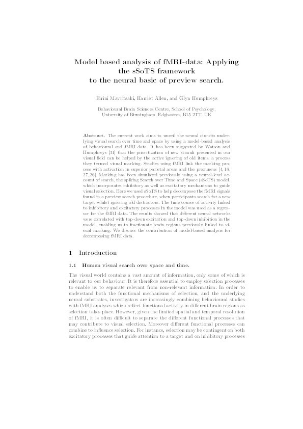 Model based analysis of fMRI-data: Applying the sSoTS framework to the neural basic of preview search. Thumbnail