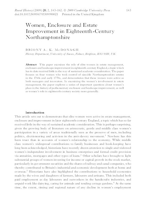 Women, enclosure and estate improvement in eighteenth-century Northamptonshire Thumbnail