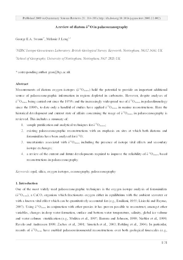 A review of diatom ?18O in palaeoceanography Thumbnail