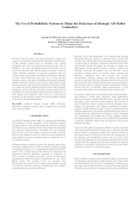 The use of probabilistic systems to mimic the behaviour of idiotypic AIS robot controllers Thumbnail