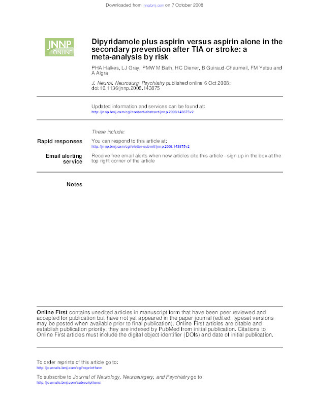 Dipyridamole plus aspirin versus aspirin alone in the secondary prevention after TIA or stroke: a meta-analysis by risk Thumbnail