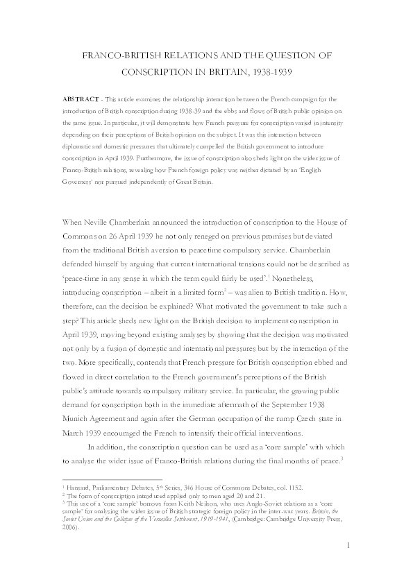 Franco-British relations and the question of conscription in Britain, 1938-1939 Thumbnail