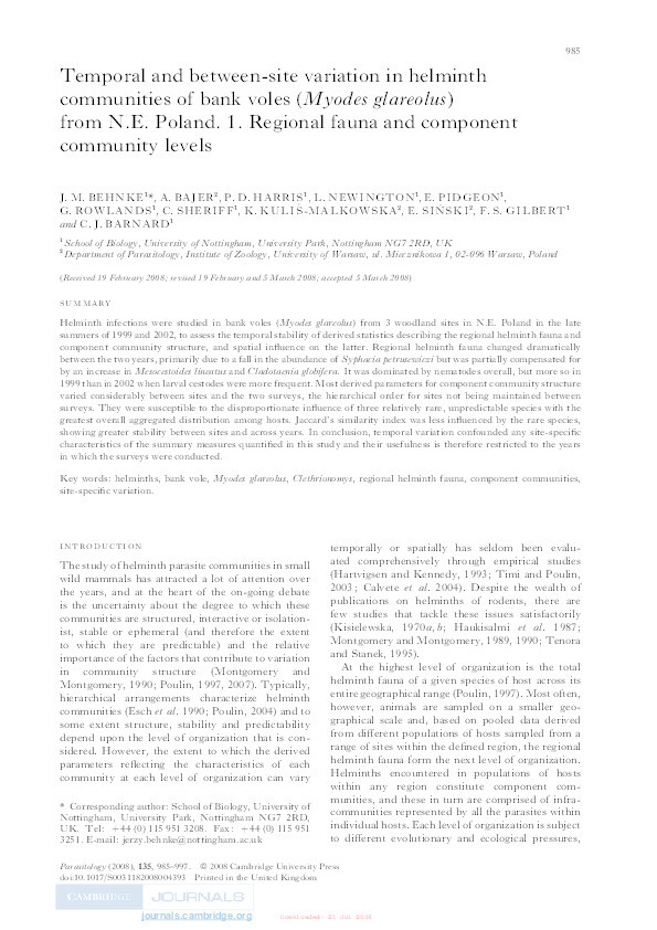 Temporal and between-site variation in helminth communities of bank voles (Myodes glareolus) from N.E. Poland. 1. Regional fauna and component community levels Thumbnail