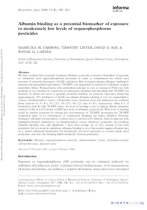 Albumin binding as a potential biomarker of exposure to moderately low levels of organophosphorus pesticides Thumbnail