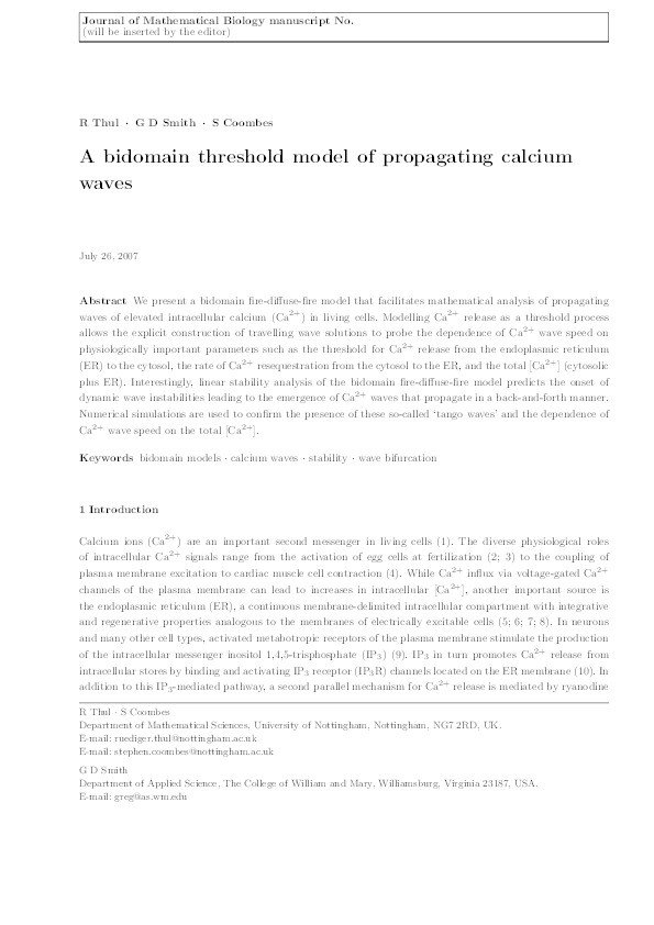 A bidomain threshold model of propagating calcium waves Thumbnail