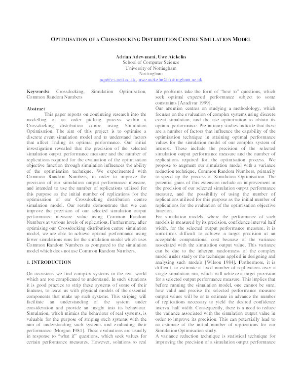 Optimisation of a crossdocking distribution centre simulation model Thumbnail