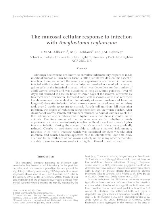 The mucosal cellular response to infection with Ancylostoma ceylanicum Thumbnail