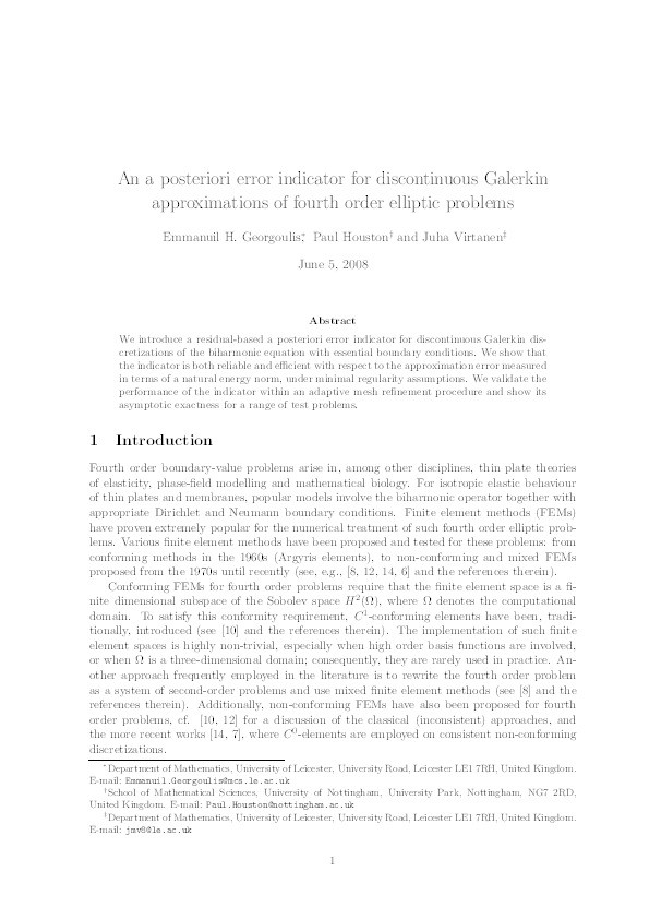 An A Posteriori Error Indicator for Discontinuous Galerkin Approximations of Fourth Order Elliptic Problems Thumbnail