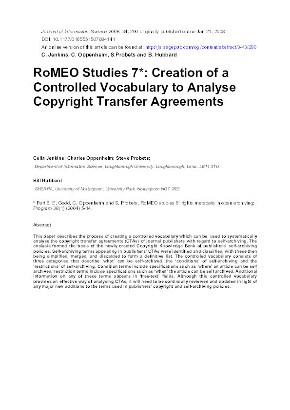 RoMEO studies 7: creation of a controlled vocabulary to analyse copyright transfer agreements Thumbnail