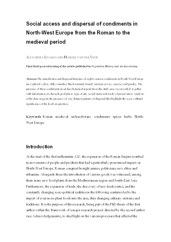 Social access and dispersal of condiments in North-West Europe from the Roman to the medieval period Thumbnail