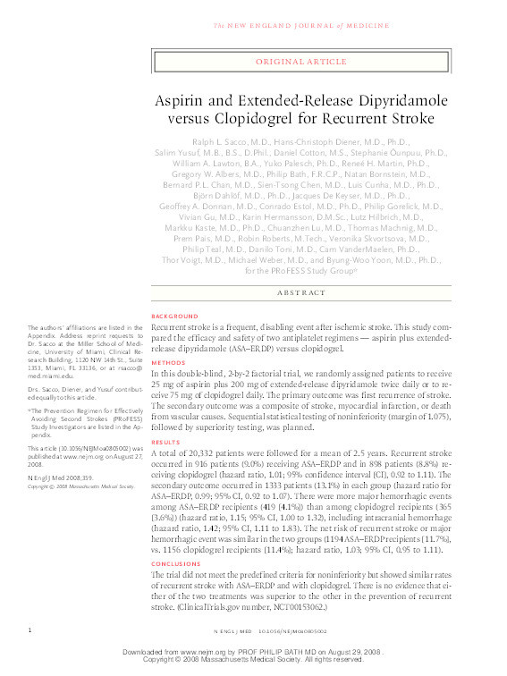 Aspirin and extended-release dipyridamole versus clopidogrel for recurrent stroke Thumbnail