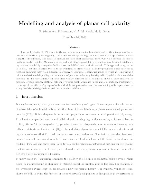 Modelling and analysis of planar cell polarity Thumbnail