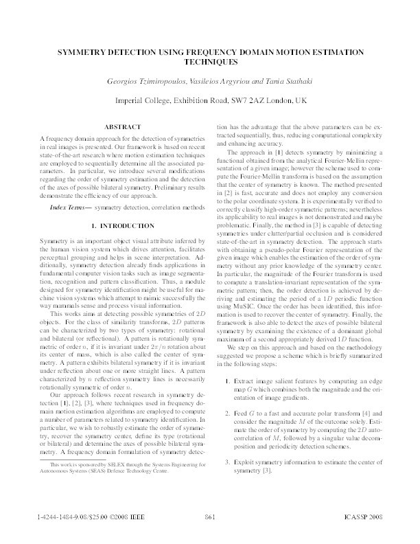 Symmetry detection using frequency domain motion estimation techniques Thumbnail