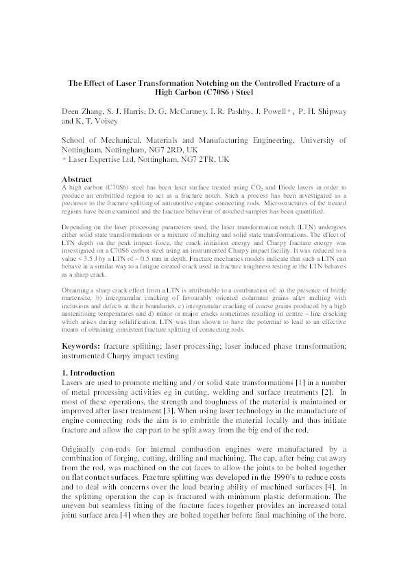 The effect of laser transformation notching on the controlled fracture of a high carbon (C70S6 ) steel Thumbnail