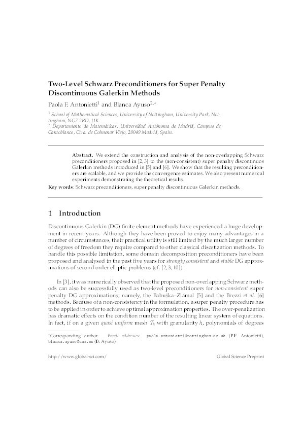 Two-Level Schwarz Preconditioners for Super Penalty Discontinuous Galerkin Methods Thumbnail