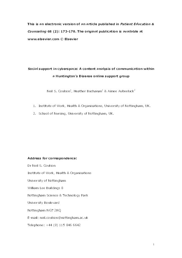 Social support in cyberspace: A content analysis of communication within a Huntington’s Disease online support group Thumbnail